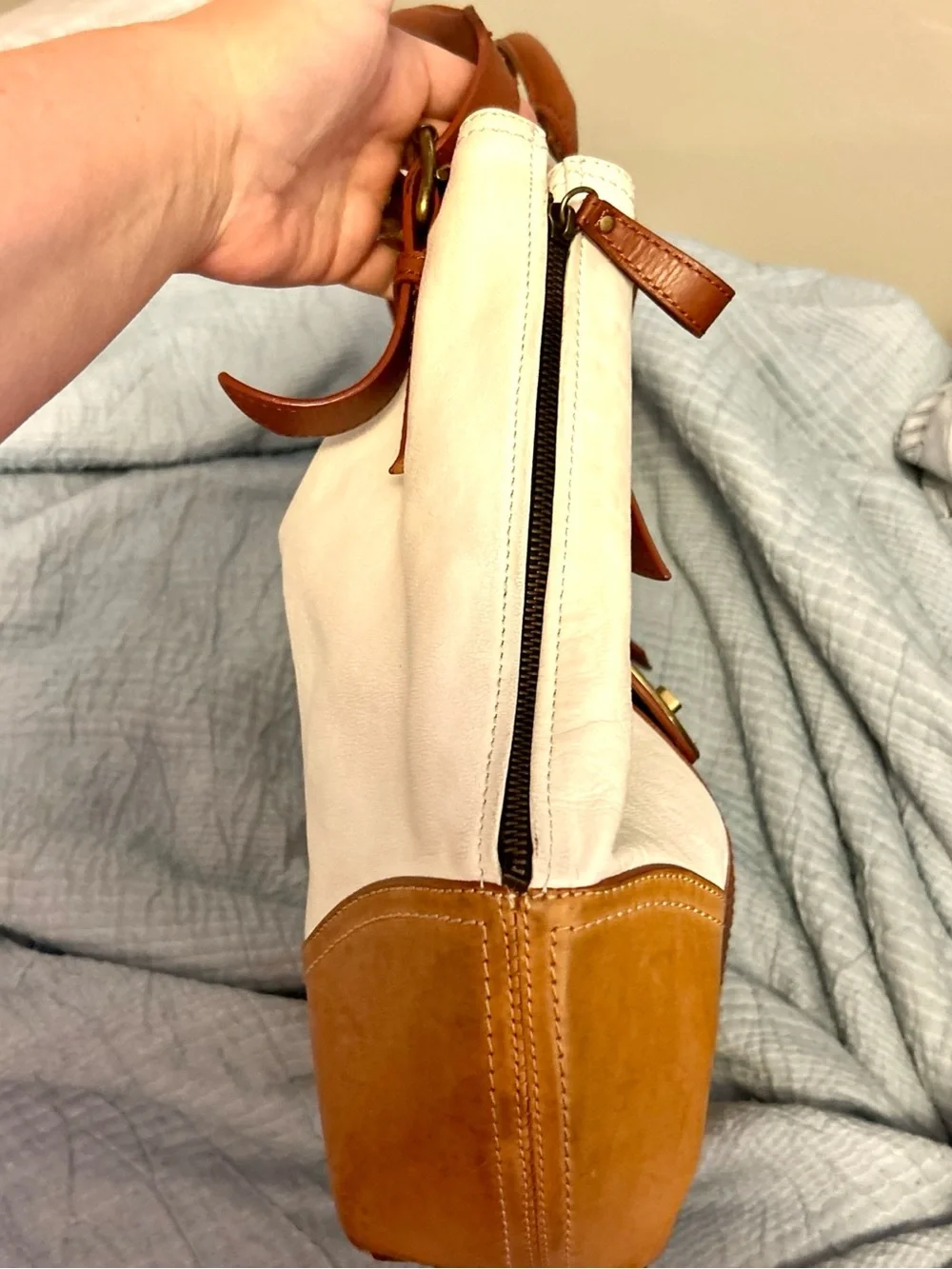 Brooks Brothers Cream and Tan Leather Hobo with Gold-Tone Accent